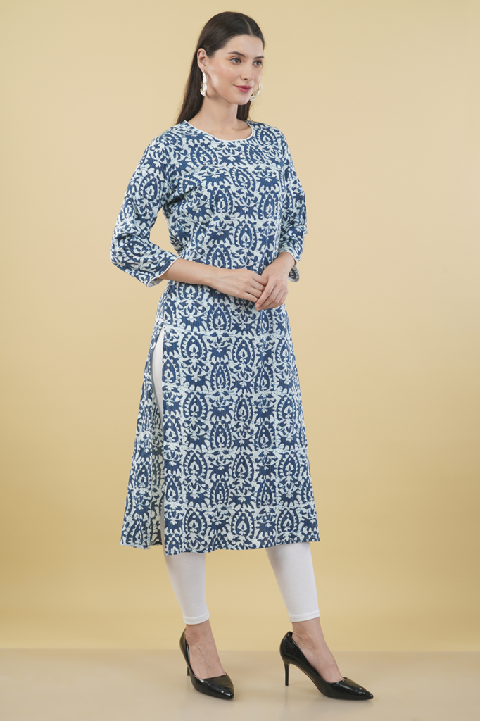 Blue White Printed Cotton Kurta