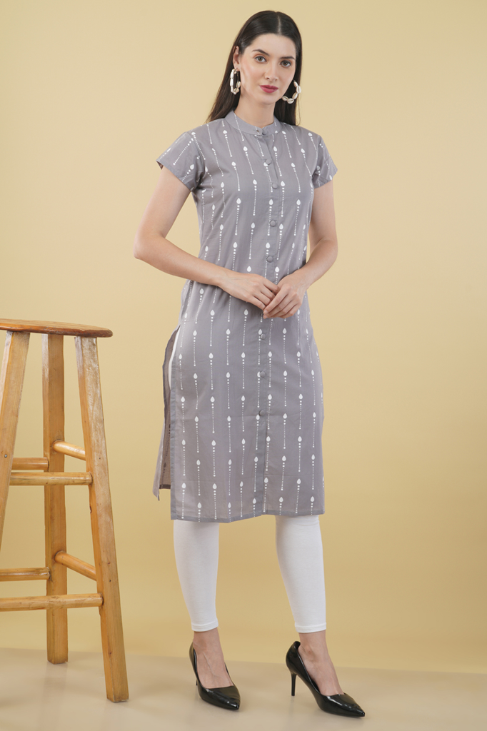 Grey white print cotton kurta