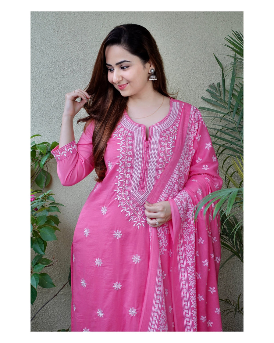 Pink embroidery kurta pant and dupatta set for women