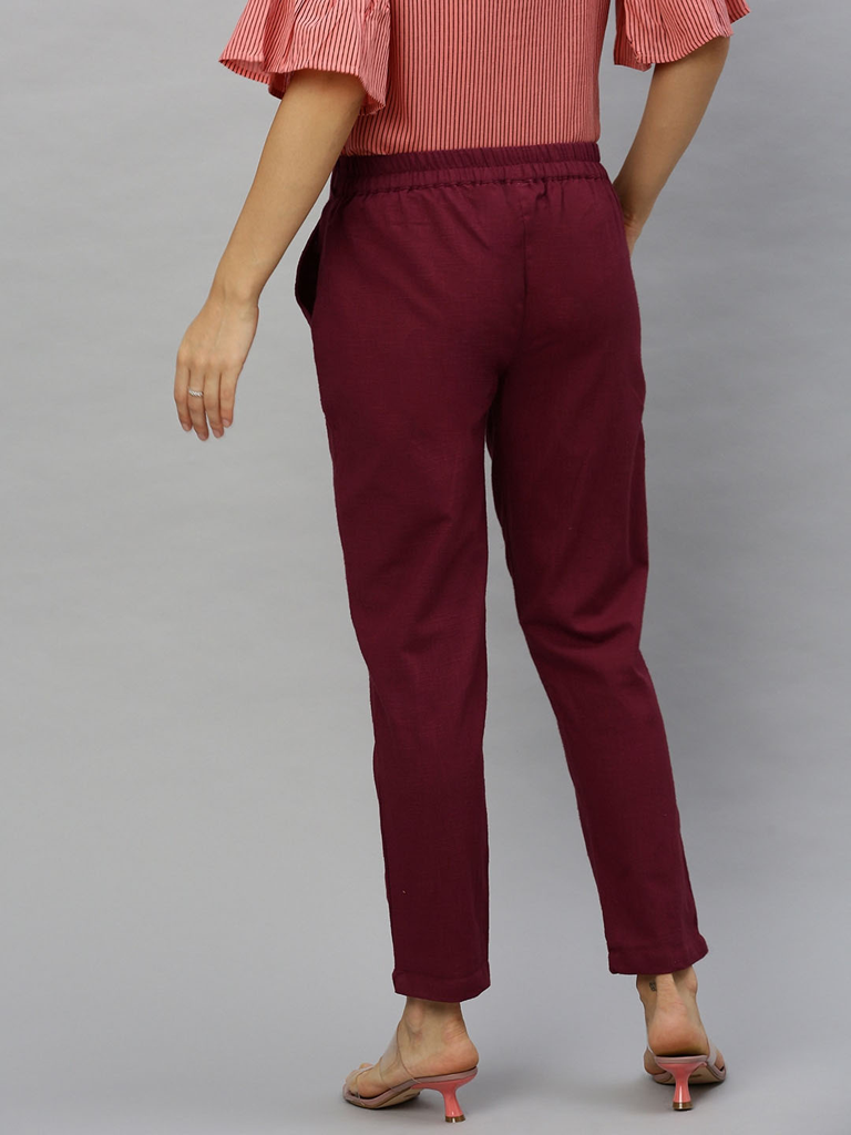 Women maroon cotton trousers