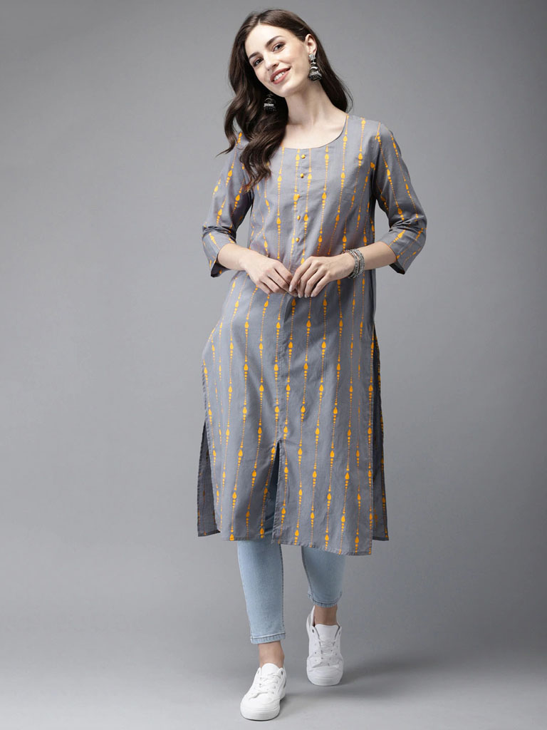 Grey yellow print cotton kurta for women