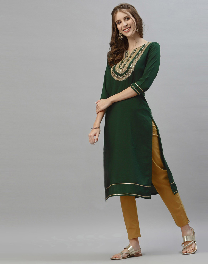 Women dark green embroidery kurta | Ethnic Set | Straight Kurta