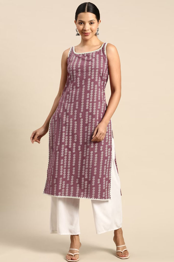 purple white print sleeveless cotton kurta