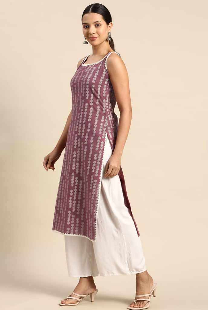 Purple white print sleeveless cotton kurta | Ethnic Set