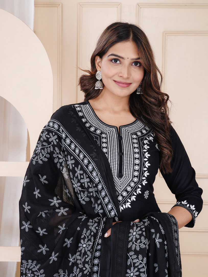 Women Black Printed Kurta and pant set with Dupatta | Ethnic Set | Kurta Set | Suits | Embroidery