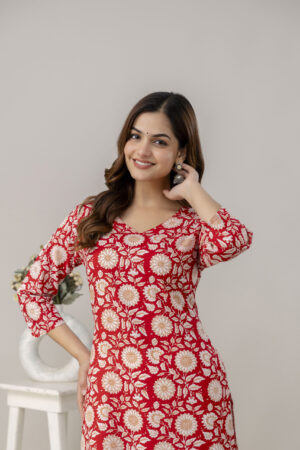 Red Floral Print Cotton Kurta