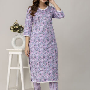 Women Cotton Grey Pink print Kurti Pant Set