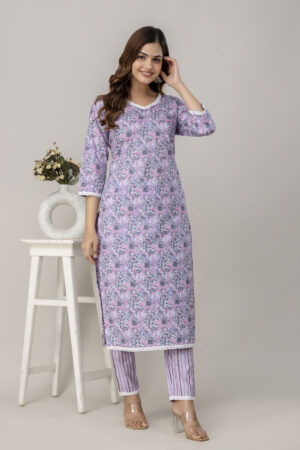 Women Cotton Grey Pink print Kurti Pant Set