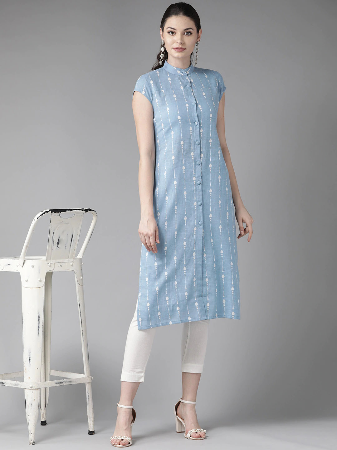 Women Light Blue Cotton Kurti - Image 4