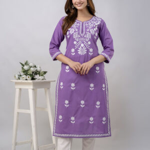 Women Purple Cotton Embroidery Kurta Pant Set