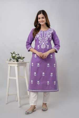 Women Purple Cotton Embroidery Kurta Pant Set
