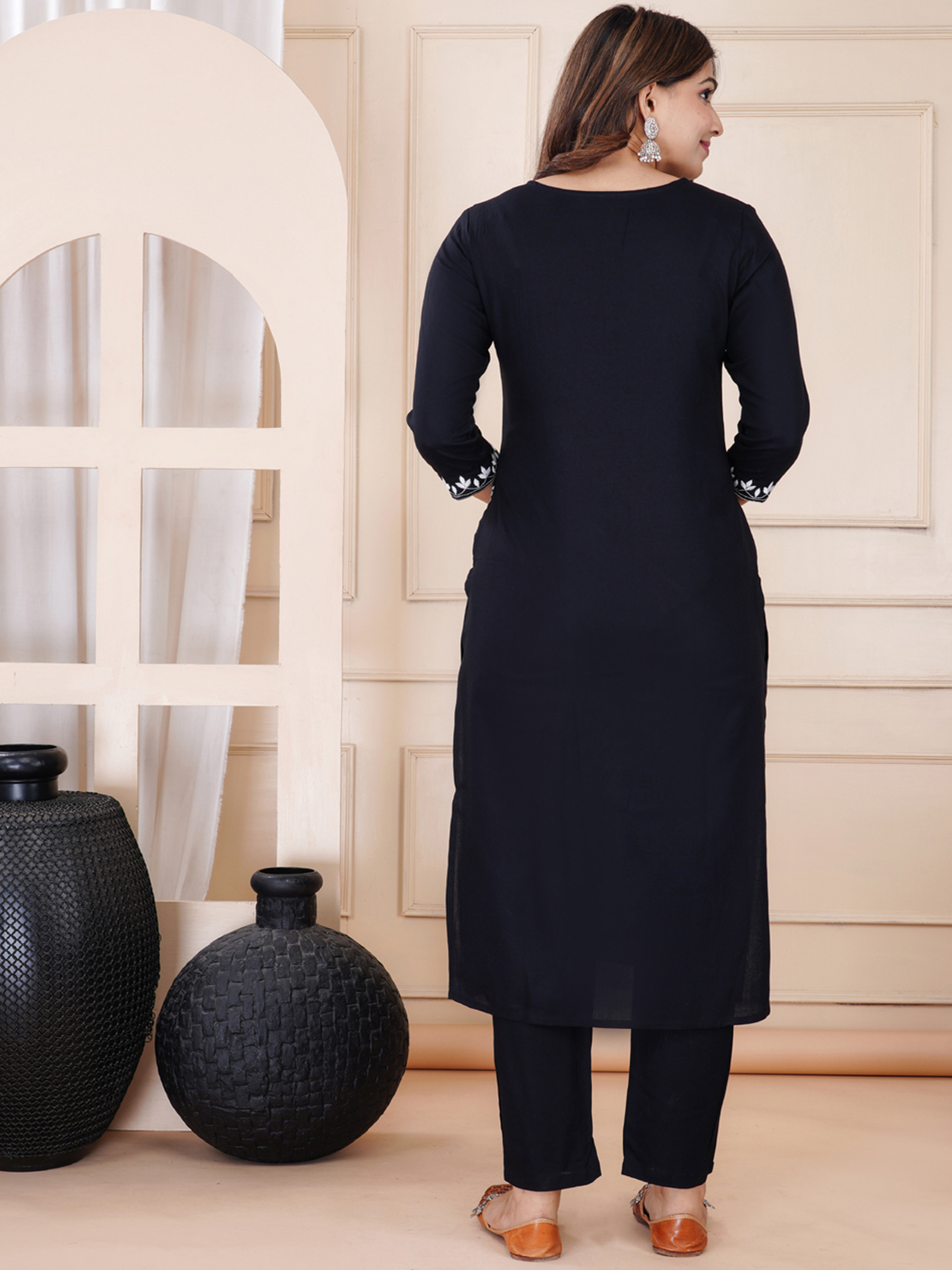 Black Embroidered Kurta Pant Dupatta Set for Women - Image 2