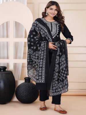 Black Embroidered Kurta Pant Dupatta Set for Women