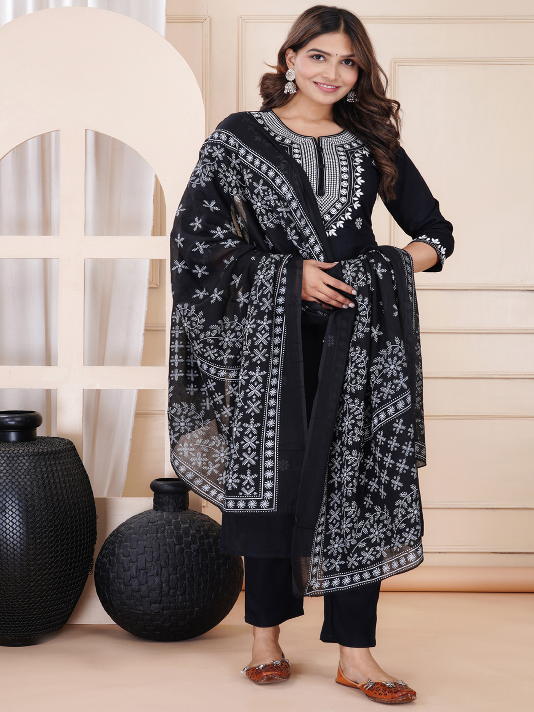Black Embroidered Kurta Pant Dupatta Set for Women