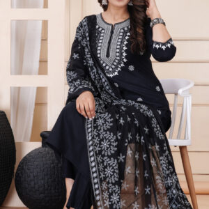 Women Rayon Black Kurta Pant Dupatta Set