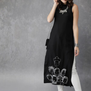 Black Printed Viscose Rayon Straight Sleeveless Kurta