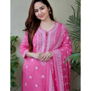 Women Rayon Pink Kurta Pant Dupatta Set