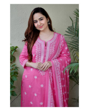 Women Rayon Pink Kurta Pant Dupatta Set