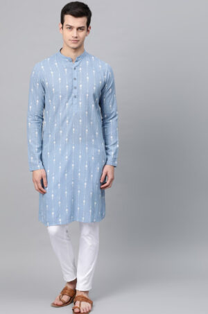 Men Printed Cotton Straight Kurta Light Blue