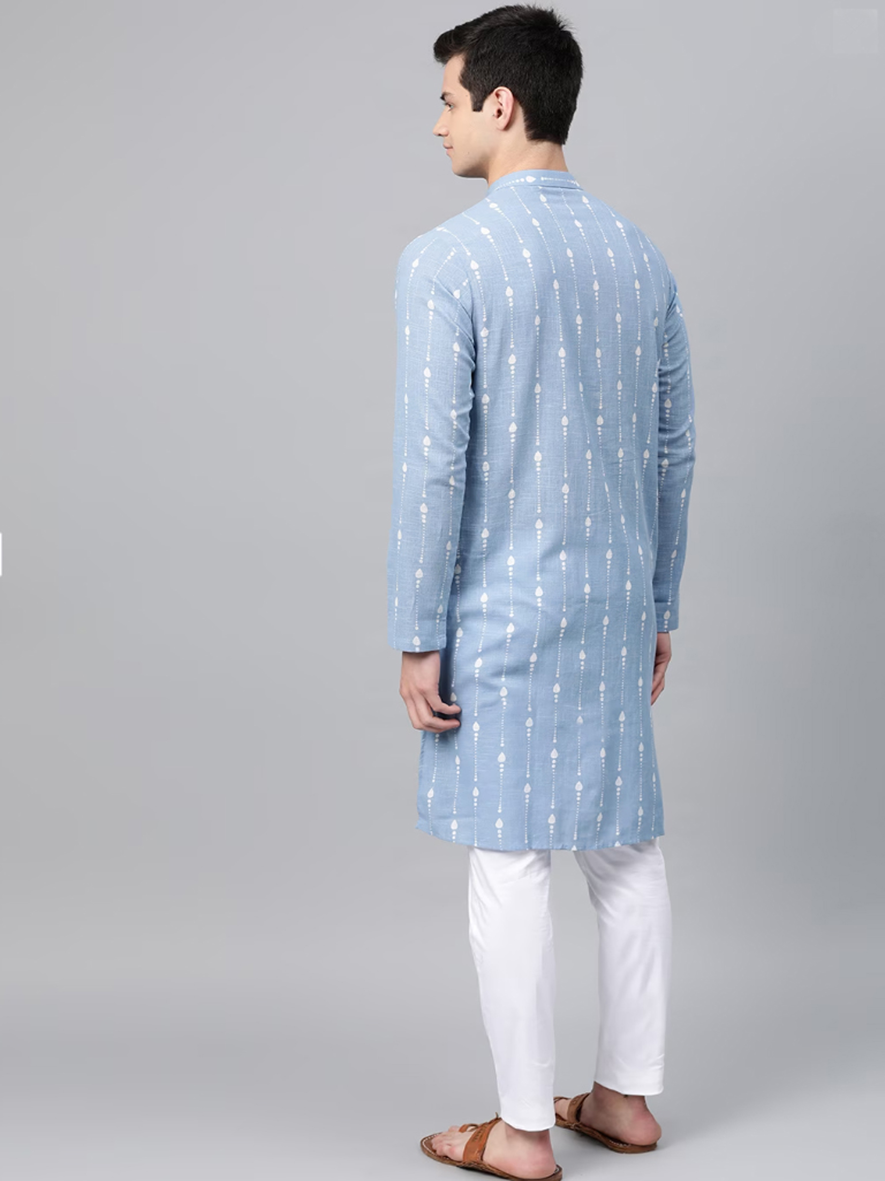 Men’s Sky Blue Printed Cotton Kurta Full Sleeves Casual & Festive Wear - Image 2
