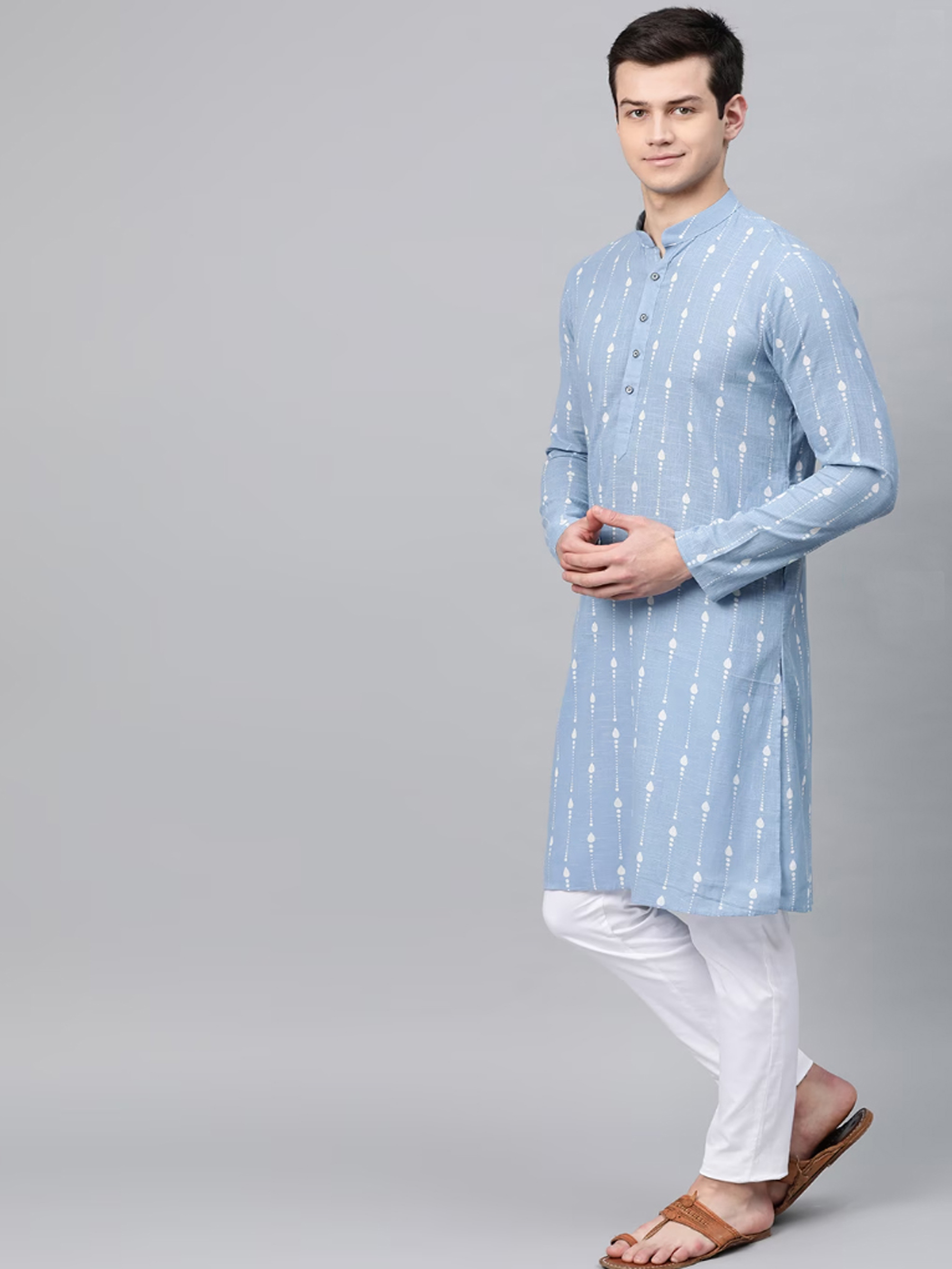 Men’s Sky Blue Printed Cotton Kurta Full Sleeves Casual & Festive Wear - Image 3