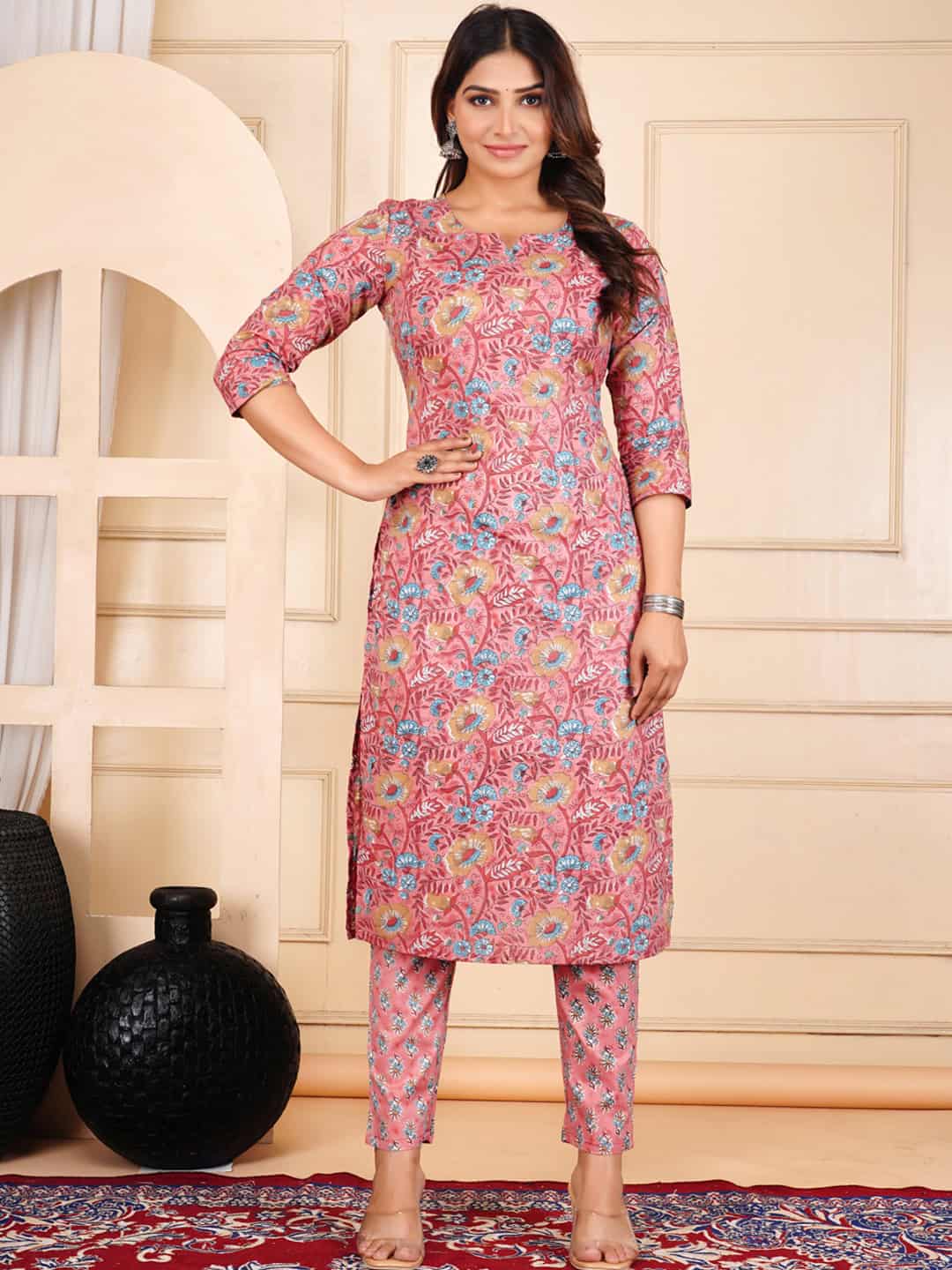 pink cotton kurta set for women