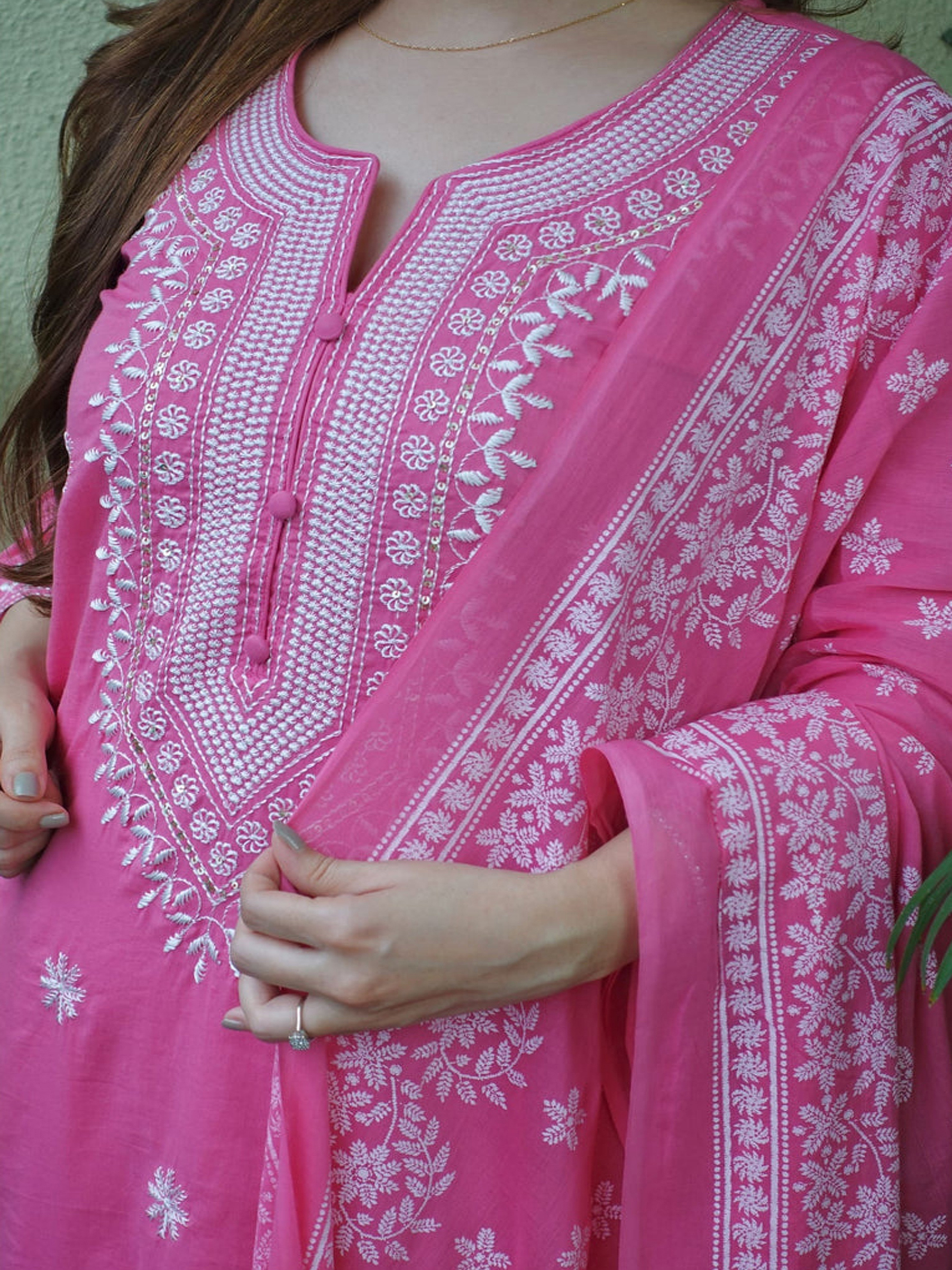 pink kurta pant dupatta set for women