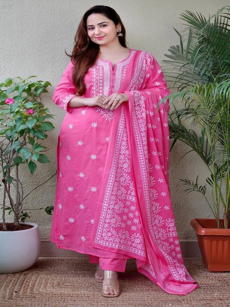 Home pink kurta pant dupatta set for women