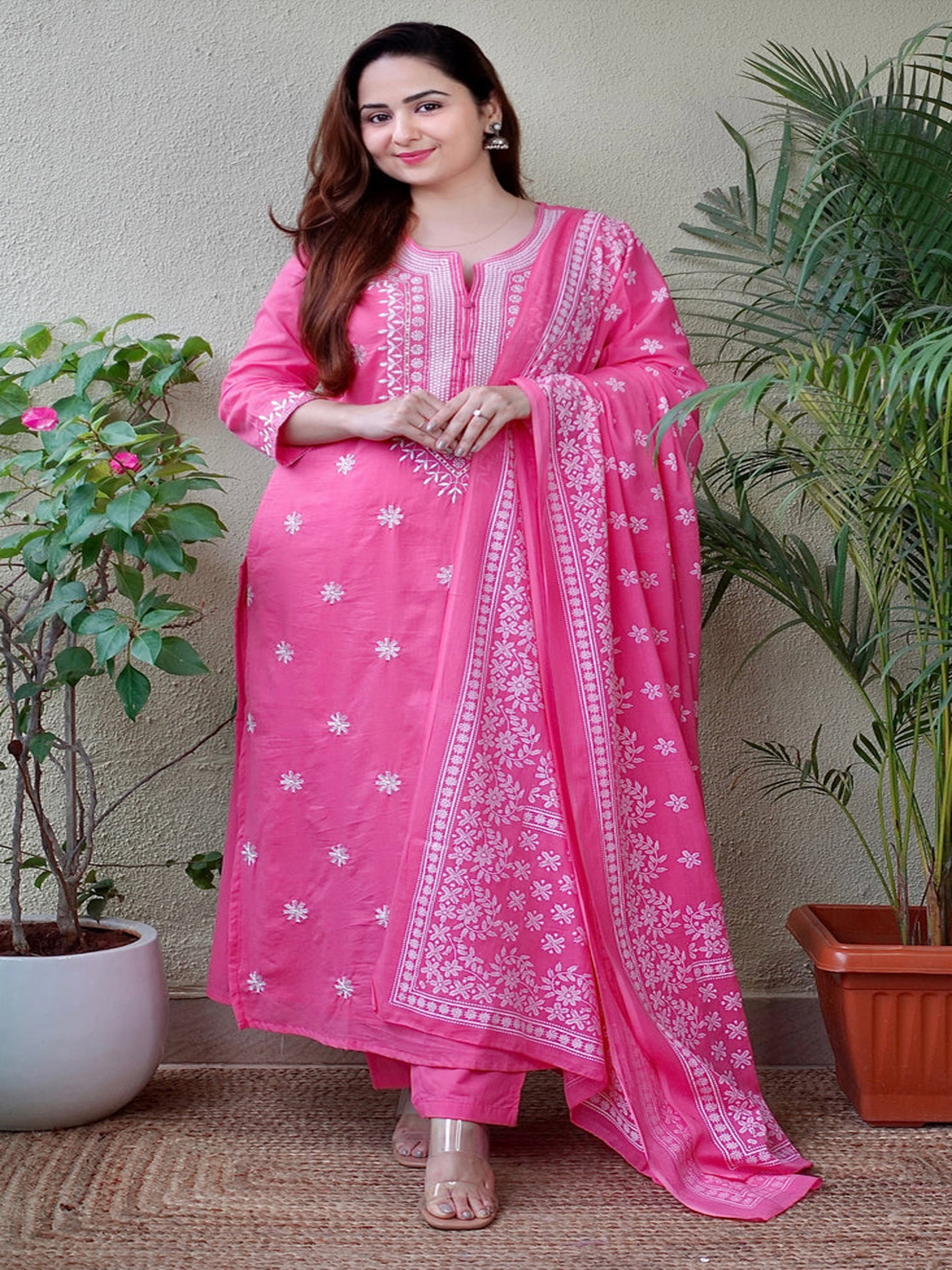 pink kurta pant dupatta set for women
