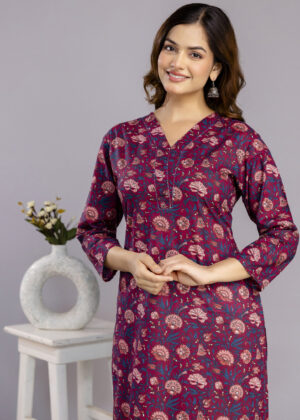 Red V-Neck Printed Cotton A-line Kurta