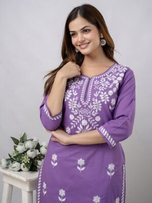 purple embroidered kurta pant set for women