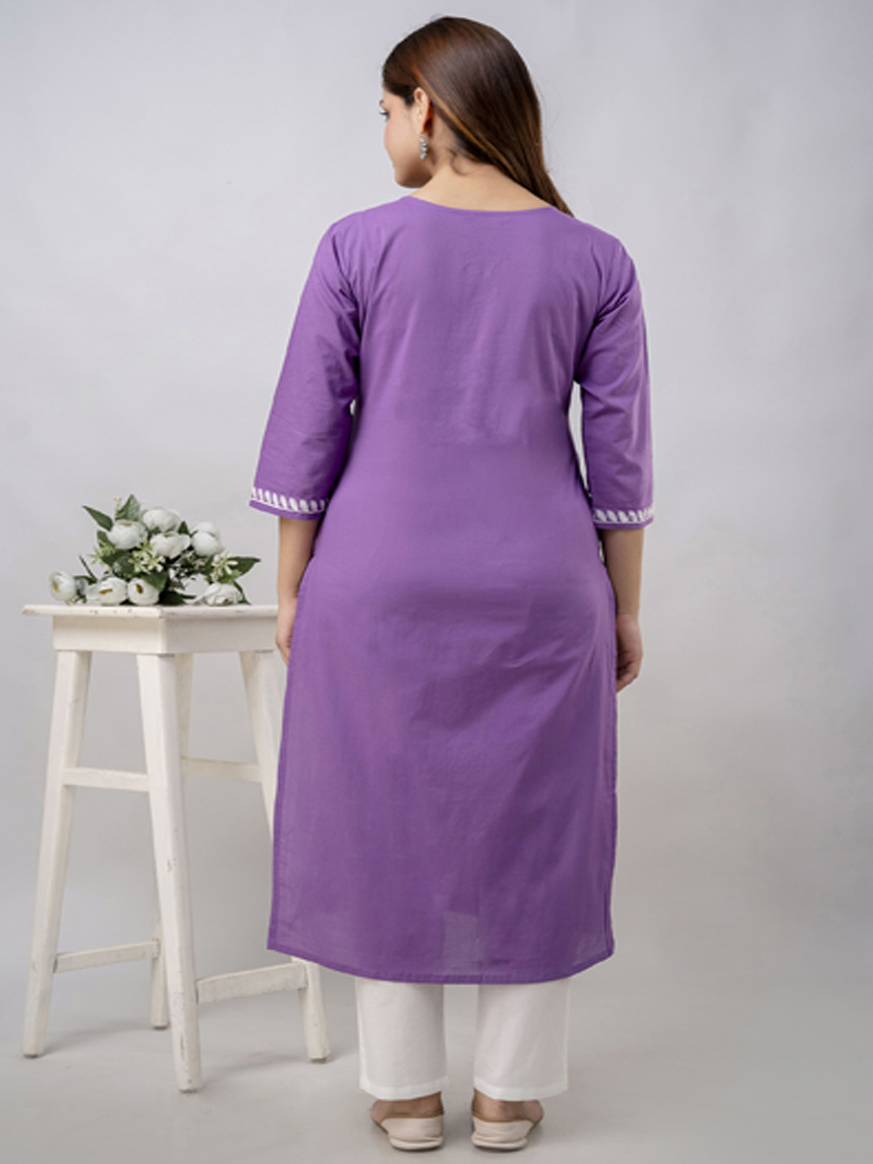 Purple Embroidered Cotton Kurta Pant Set for Women - Image 2
