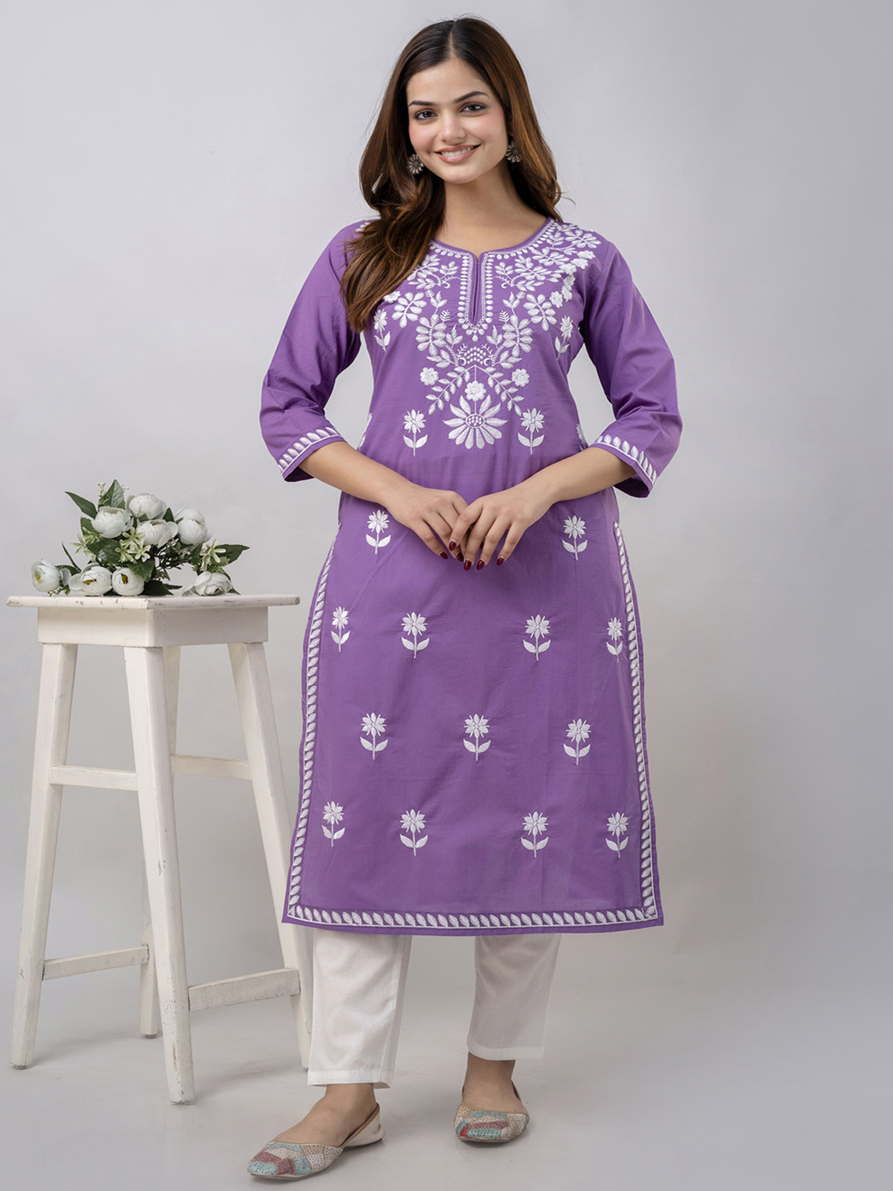 purple embroidered kurta pant set for women