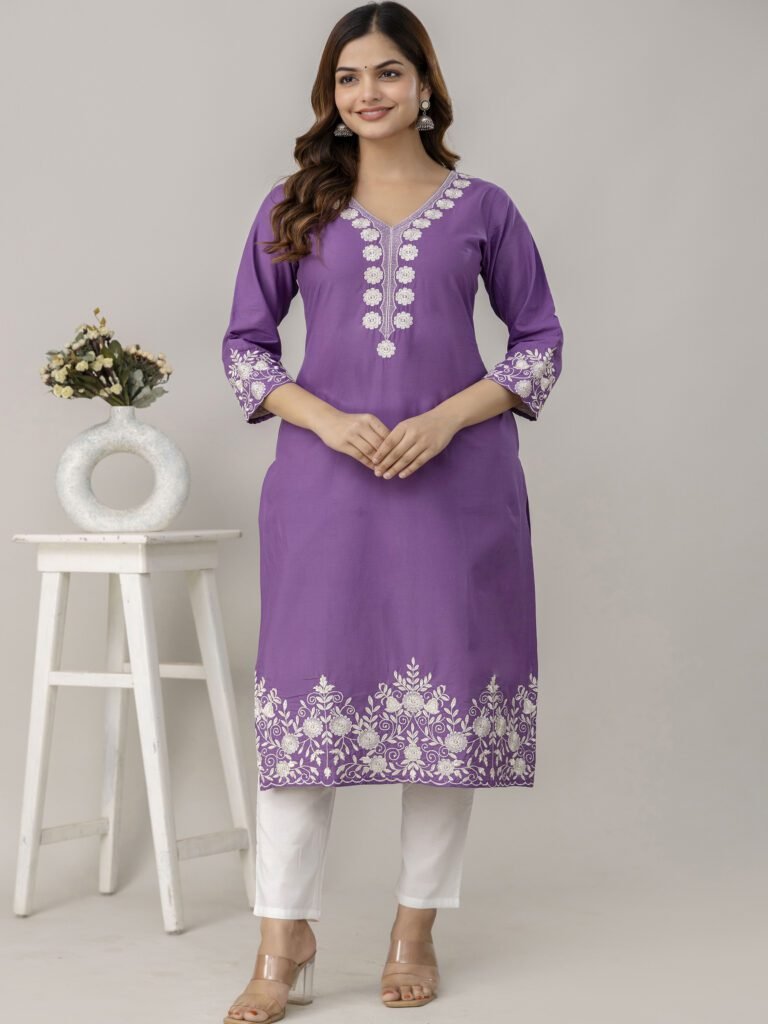 Home Purple Embroidered Cotton Kurta Pant Set for Women
