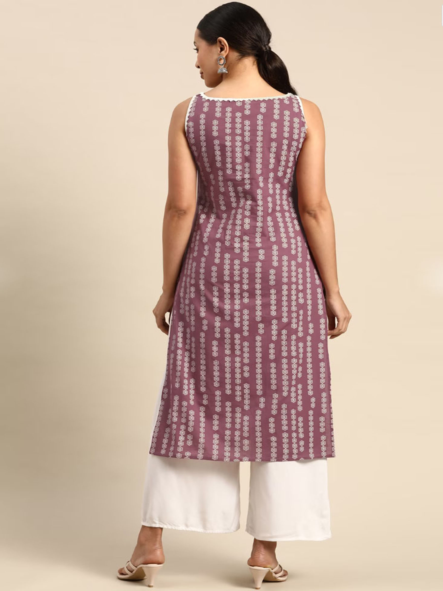 Purple Printed Cotton Sleeveless Kurta for Women - Image 2