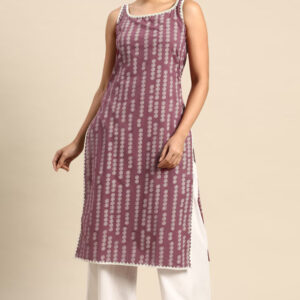 Purple Printed Cotton Sleeveless Straight Kurta