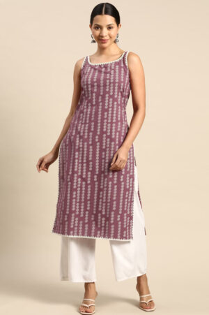 Purple Printed Cotton Sleeveless Straight Kurta