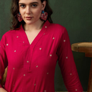 Women Rayon Red Gold Print Kurta Pant Set