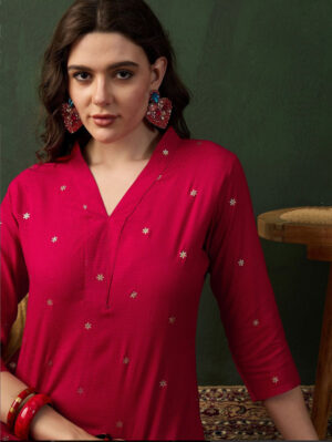 Women Rayon Red Gold Print Kurta Pant Set