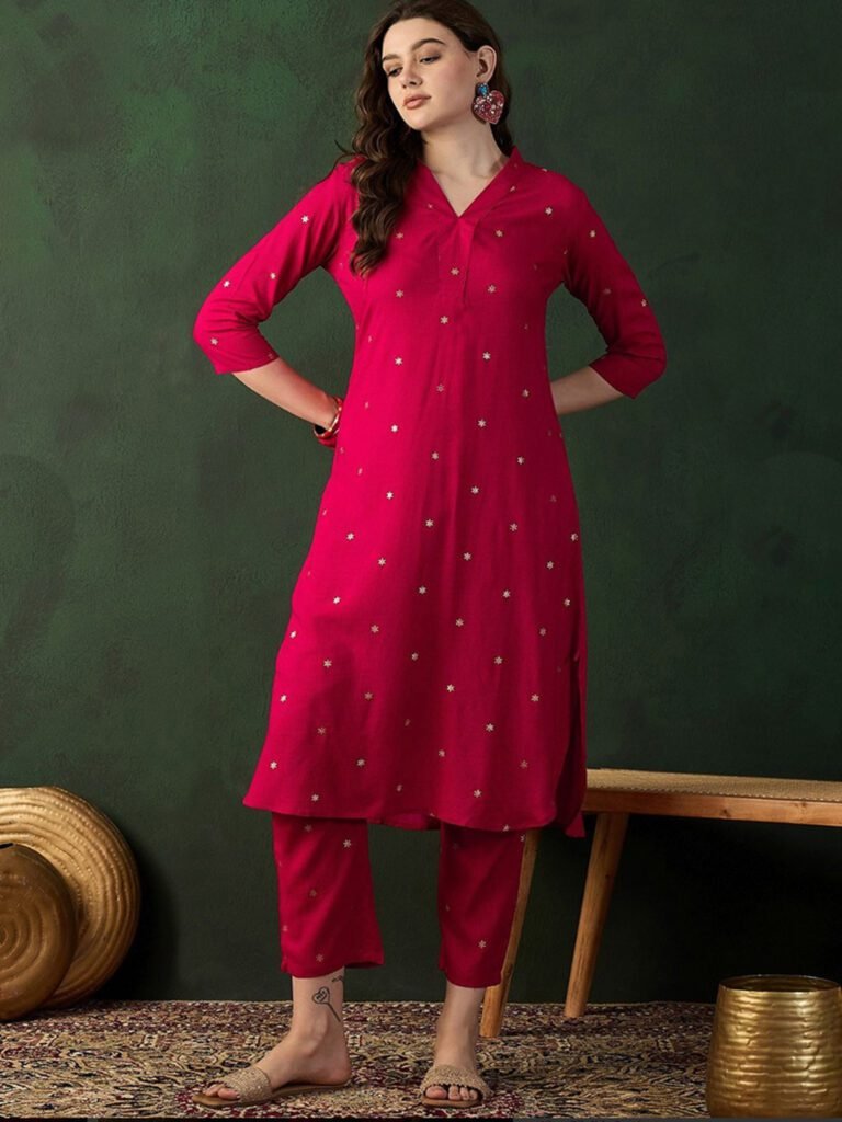 Red Printed Rayon V-Neck Kurta Pant Set