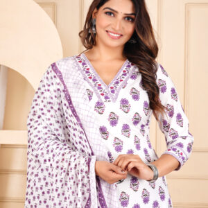 Women Cotton White Print Kurta Pant Dupatta Set