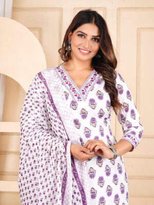 Women Cotton White Print Kurta Pant Dupatta Set