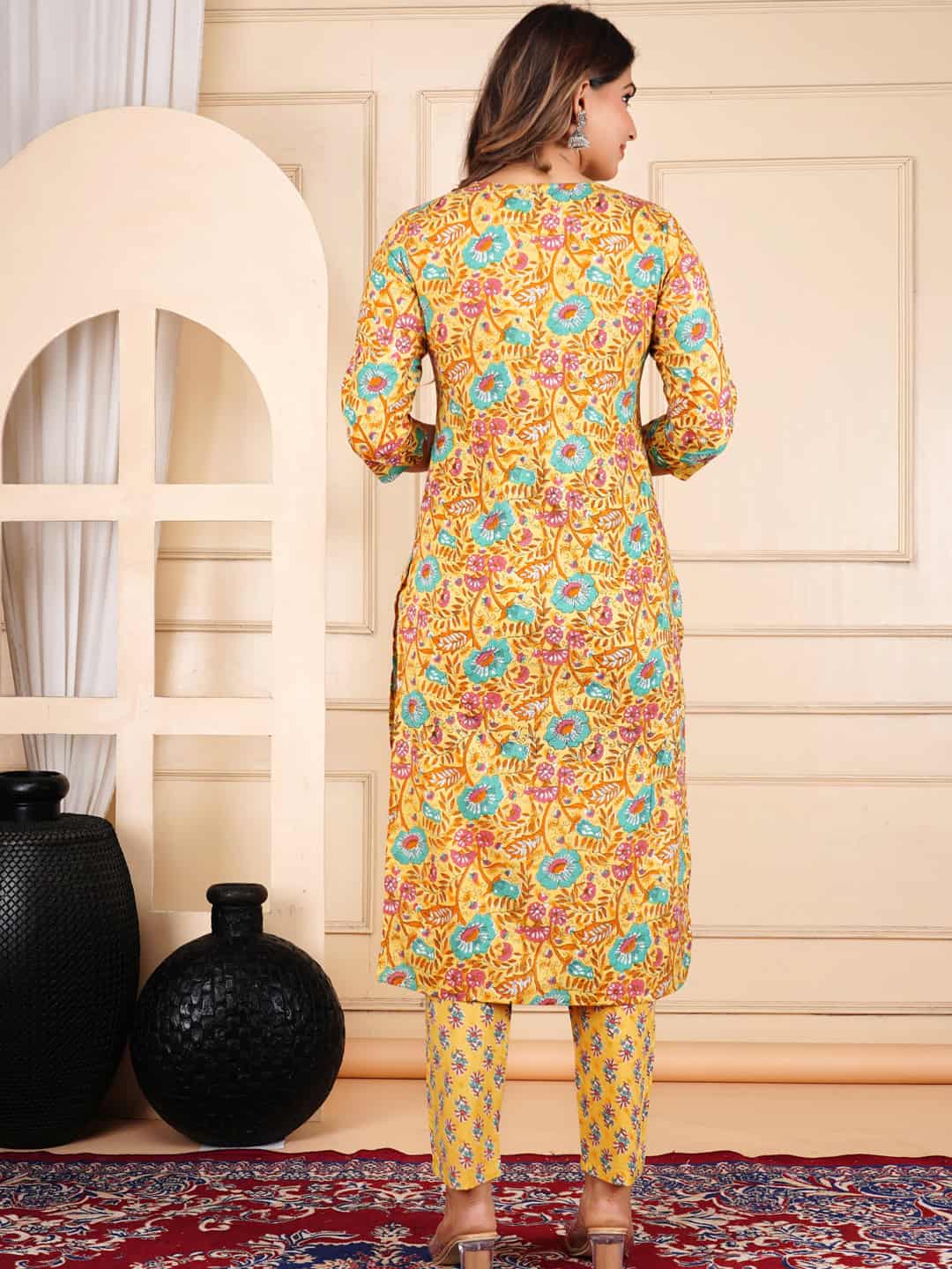 yellow cotton kurta pant set for women