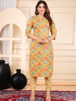 yellow cotton kurta pant set for women