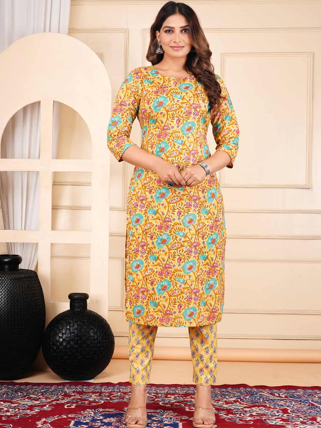 yellow cotton kurta pant set for women