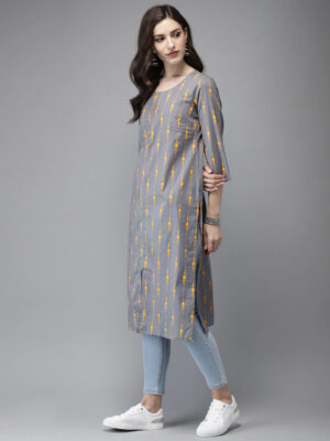 Women Printed Cotton Straight Grey Kurta