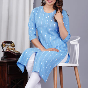 Light Blue and White Printed Cotton Straight Kurta
