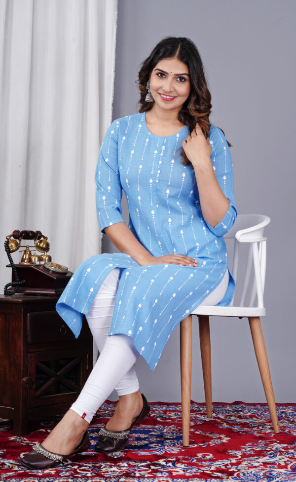 Light Blue and White Printed Cotton Straight Kurta