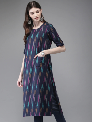 Navy Blue Printed Rayon Straight Kurta