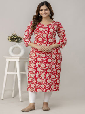 Woman Red Floral Print Cotton Kurta Outfit